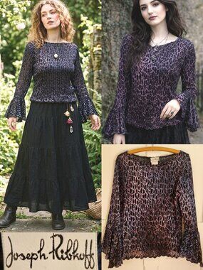 Joseph Ribkoff Vintage Burnout Velvet sheer Blouse Black Purple Bell Sleeves